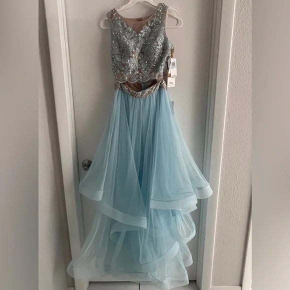 vivian beaded floral strapless maxi cocktail dress Light Blue Strapless Multi-Colored Floral Beaded Appliqué Long Dress |